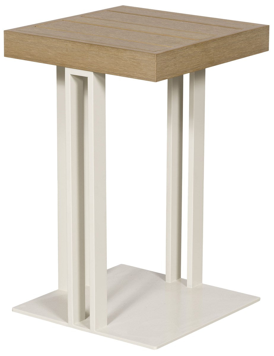 Vanguard | Montecito Outdoor Accent Table - Sand Teak Top / White Shimmer Power Coated Metal Base | OW510-E