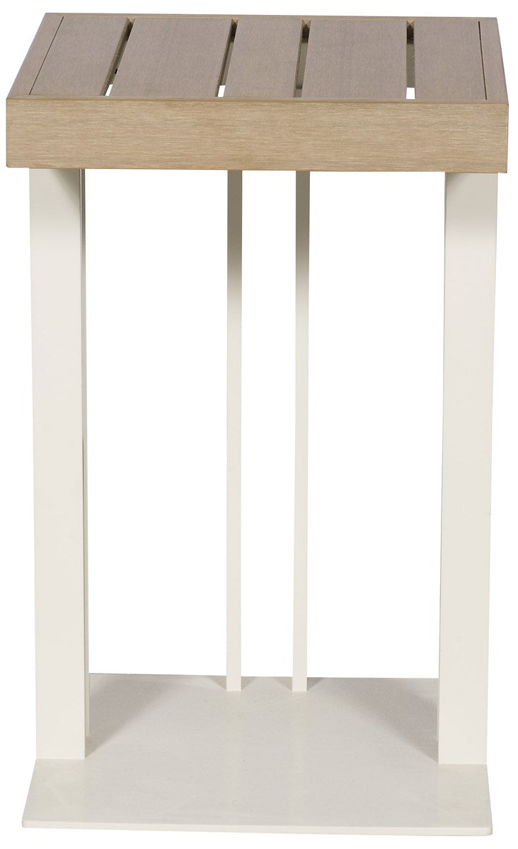 Vanguard | Montecito Outdoor Accent Table - Sand Teak Top / White Shimmer Power Coated Metal Base | OW510-E