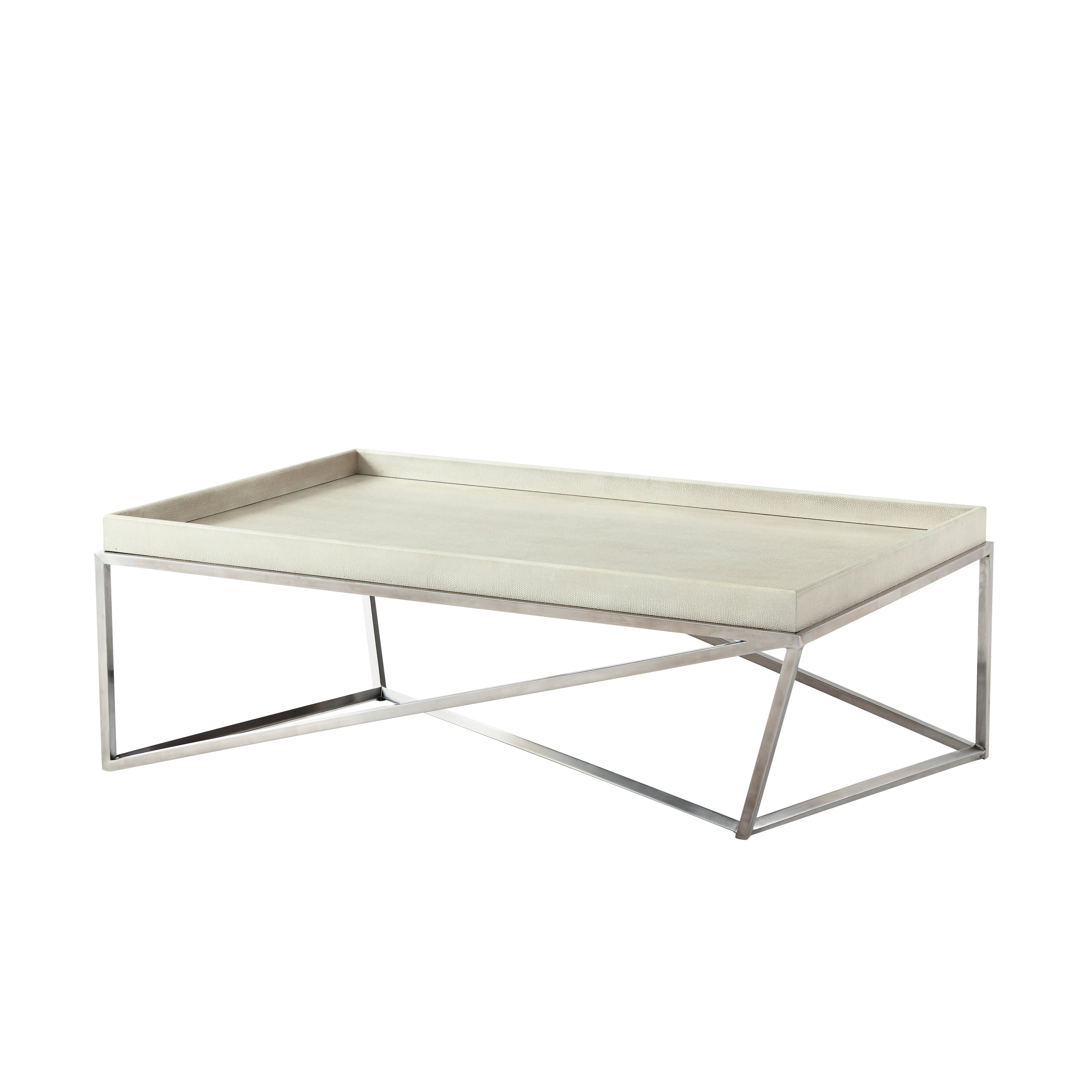 Theodore Alexander Crazy X Tray Cocktail Table — Overcast White Leather & Brushed Stainless Steel