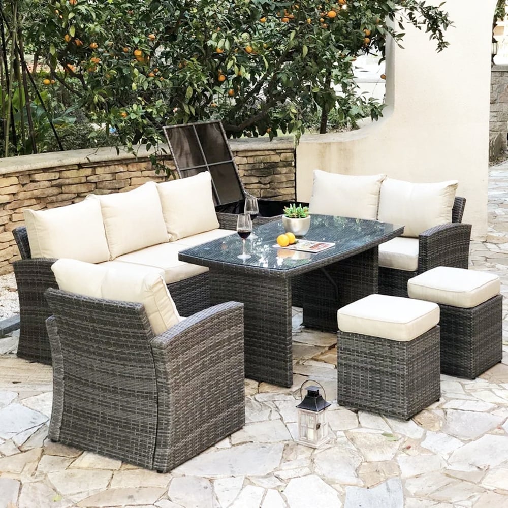 Enjoy the outdoors with this 7-piece outdoor wicker sectional set, complete with a rain cover for added protection.