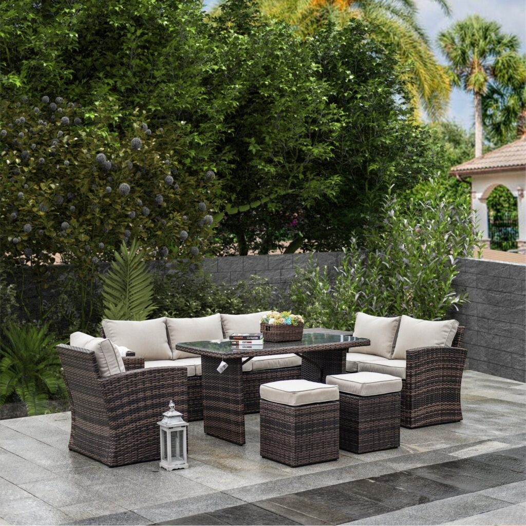 Bring comfort and style to your outdoor space with the 7-piece Cushioned Wicker Outdoor Sectional Set by Direct Wicker.